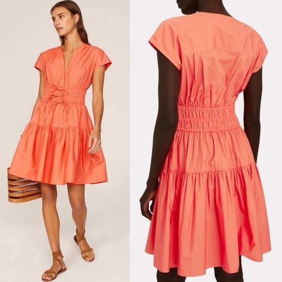 DEREK LAM Coral Cotton Smocked Ruched Tie Waist Short Sleeve Flare Mini Dress 12 - Picture 3 of 13